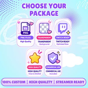 May include: A digital graphic titled CHOOSE YOUR PACKAGE featuring five rounded rectangular icons with purple outlines. Icons include a PNG file symbol, a transparent grid, a Twitch logo, a yellow star, and a shield with a checkmark and heart.