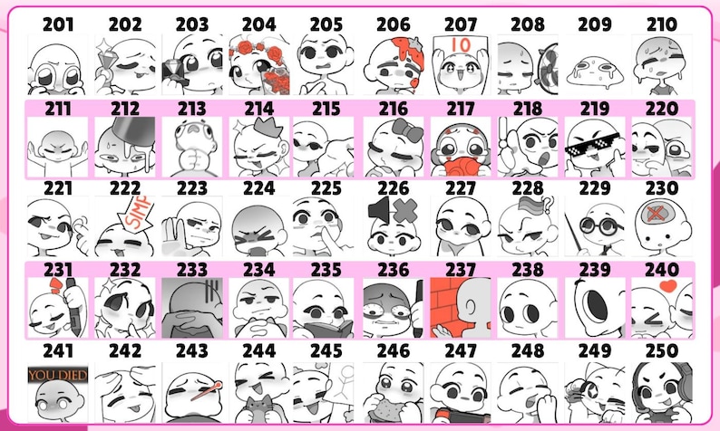 May include: A grid of fifty black and white cartoon character head illustrations numbered 201 through 250. Each square features a unique facial expression or action, including characters holding items, wearing accessories, or displaying various emotions.