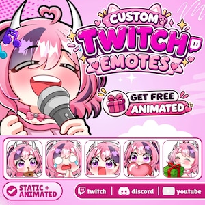 Op de afbeelding: Een digitale afbeelding met een anime-personage met roze haar dat in een microfoon zingt, met de tekst CUSTOM TWITCH EMOTES en GET FREE ANIMATED. Daaronder staan vijf kleine emotes en iconen voor Twitch, Discord en YouTube.