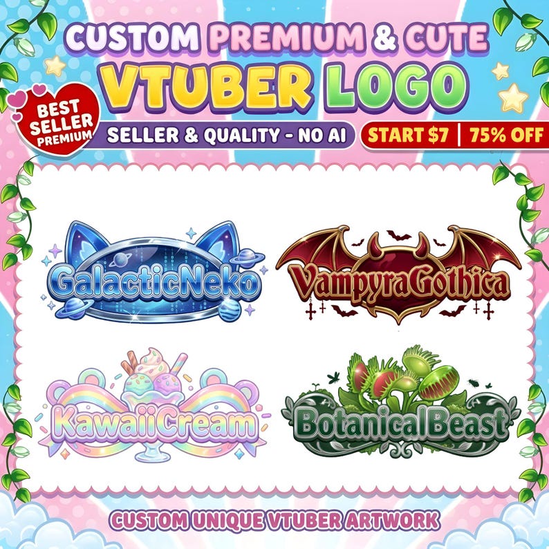 K&ouml;nnte beinhalten: Werbebild mit vier individuellen VTuber-Logos: GalacticNeko, Vampyra Gothica, KawaiiCream und Botanical Beast. Die Logos sind vor einem rosa-blauen Hintergrund platziert, mit dem Text "Custom Premium & Cute VTuber Logo".