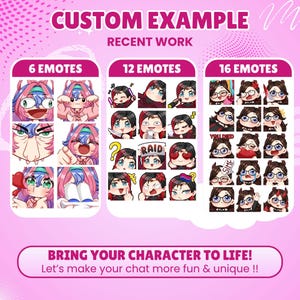 May include: A digital display showing custom emote sets labeled 6 EMOTES, 12 EMOTES, and 16 EMOTES. The graphic features various anime-style character expressions, including text elements like RAID, YOU DIED, and SIMP, set against a pink background.