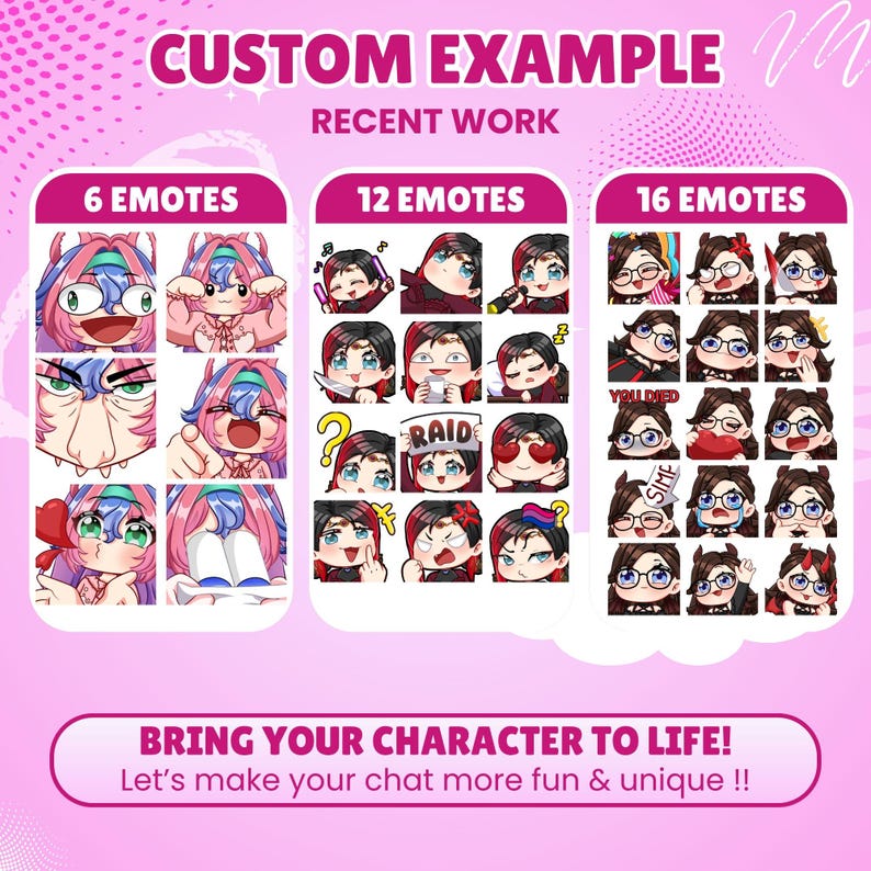 May include: A digital display showing custom emote sets labeled 6 EMOTES, 12 EMOTES, and 16 EMOTES. The graphic features various anime-style character expressions, including text elements like RAID, YOU DIED, and SIMP, set against a pink background.