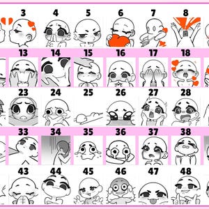 May include: A grid of fifty black and white line art character expressions, numbered one through fifty. The illustrations feature various emotions including joy, sadness, love, and surprise, with some icons containing red hearts or text like MAN and Is for u.