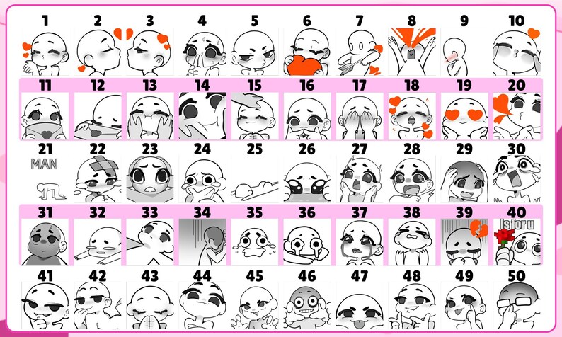 May include: A grid of fifty black and white line art character expressions, numbered one through fifty. The illustrations feature various emotions including joy, sadness, love, and surprise, with some icons containing red hearts or text like MAN and Is for u.