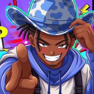 K&ouml;nnte beinhalten: Eine Anime-Illustration einer Person mit dunkler Haut und geflochtenem Haar, die einen blau-wei&szlig;en Cowboyhut mit Kuhfleckenmuster und einen blauen Kapuzenpullover tr&auml;gt. Die Person l&auml;chelt mit sichtbaren Z&auml;hnen und zeigt mit dem Finger nach vorne.