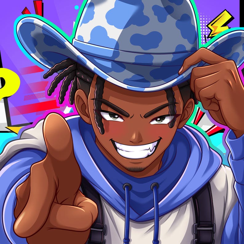 K&ouml;nnte beinhalten: Eine Anime-Illustration einer Person mit dunkler Haut und geflochtenem Haar, die einen blau-wei&szlig;en Cowboyhut mit Kuhfleckenmuster und einen blauen Kapuzenpullover tr&auml;gt. Die Person l&auml;chelt mit sichtbaren Z&auml;hnen und zeigt mit dem Finger nach vorne.