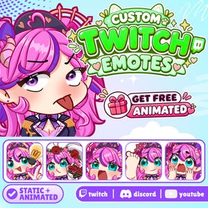 May include: A digital graphic featuring a pink-haired anime character with purple highlights and horns. The text reads CUSTOM TWITCH EMOTES, GET FREE ANIMATED, STATIC + ANIMATED, and includes icons for Twitch, Discord, and YouTube. Five smaller emotes are shown.