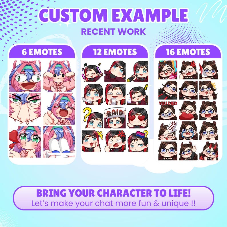 May include: A digital display of custom character emotes organized into three groups labeled 6 Emotes, 12 Emotes, and 16 Emotes. The artwork features various anime-style characters with diverse expressions, poses, and accessories, including text like RAID, YOU DIED, and SIMP.
