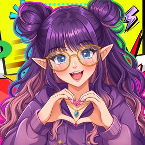 K&ouml;nnte beinhalten: Eine Anime-Illustration einer Figur mit langem violettem Haar in zwei Dutts, die eine goldgerahmte Brille und einen violetten Kapuzenpullover tr&auml;gt. Die Figur hat spitze Ohren, blaue Augen und einen kleinen Fangzahn und formt ein Herz mit den H&auml;nden.
