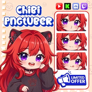 May include: A digital illustration of a chibi PNGtuber character with long red hair, cat ears, and purple eyes, wearing a dark sweater with a paw print. The image includes three smaller facial expressions and social media icons on a light background.