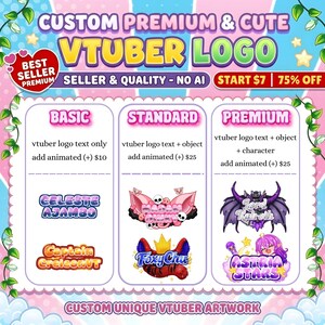 K&ouml;nnte beinhalten: Eine farbenfrohe Grafik, die f&uuml;r individuelle VTuber-Logos wirbt. Das Design zeigt den Text "CUSTOM PREMIUM & CUTE VTUBER LOGO" und pr&auml;sentiert verschiedene Logo-Stile: Basic, Standard und Premium. Das Bild enth&auml;lt Beispiele f&uuml;r Logos mit Text und Charakterdesigns.