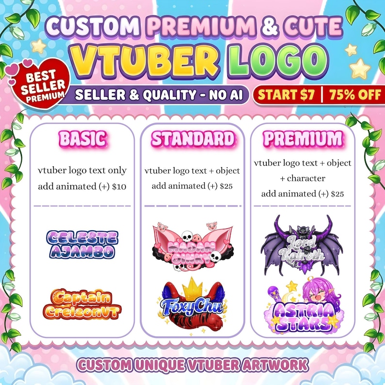 K&ouml;nnte beinhalten: Eine farbenfrohe Grafik, die f&uuml;r individuelle VTuber-Logos wirbt. Das Design zeigt den Text "CUSTOM PREMIUM & CUTE VTUBER LOGO" und pr&auml;sentiert verschiedene Logo-Stile: Basic, Standard und Premium. Das Bild enth&auml;lt Beispiele f&uuml;r Logos mit Text und Charakterdesigns.