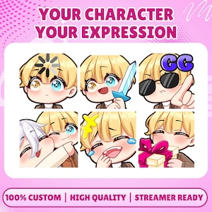 May include: A set of six digital character emotes featuring a blonde-haired figure with various expressions and props, including a loading icon, a sword, sunglasses with the text GG, a hug, a laughing face, and a gift box, on a pink background.