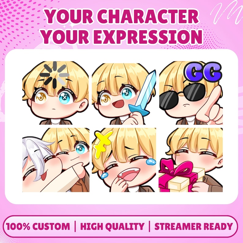 May include: A set of six digital character emotes featuring a blonde-haired figure with various expressions and props, including a loading icon, a sword, sunglasses with the text GG, a hug, a laughing face, and a gift box, on a pink background.