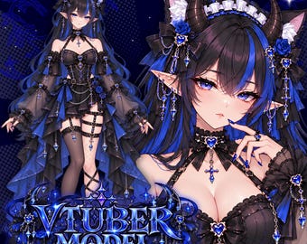 May include: A digital illustration of a character with long black hair featuring blue streaks, cat ears, and horns. The character wears a black and blue outfit with heart-shaped accents, lace, and cross charms. The text VTUBER MODEL is displayed.