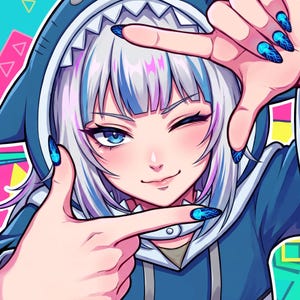 K&ouml;nnte beinhalten: Eine Anime-Illustration einer Figur mit wei&szlig;em Haar und blauen Augen, die einen blauen Kapuzenpullover im Haifisch-Design mit einer mit Z&auml;hnen besetzten Kapuze tr&auml;gt. Die Figur zwinkert und rahmt ihr Gesicht mit Fingern ein, die lange, dunkelblaue N&auml;gel zeigen.