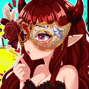 K&ouml;nnte beinhalten: Eine Anime-Illustration einer Figur mit langem dunkelrotem Haar und H&ouml;rnern, die eine gold-wei&szlig;e Maskenballmaske tr&auml;gt, verziert mit einer roten Rose, Federn und einer kleinen blauen Haigrafik. Die Figur hat rosa Augen mit herzf&ouml;rmigen Pupillen.