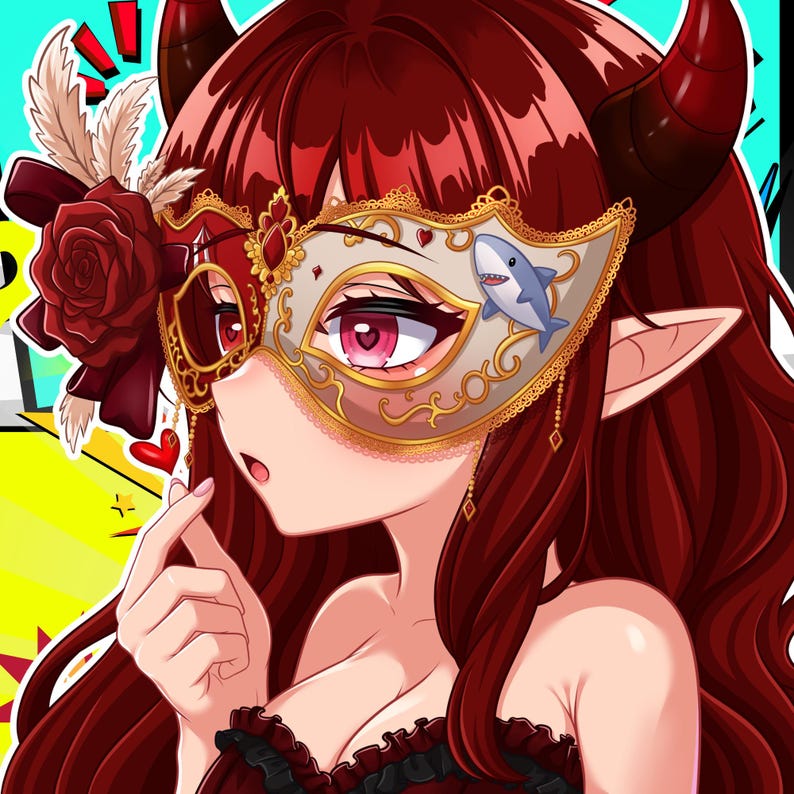 K&ouml;nnte beinhalten: Eine Anime-Illustration einer Figur mit langem dunkelrotem Haar und H&ouml;rnern, die eine gold-wei&szlig;e Maskenballmaske tr&auml;gt, verziert mit einer roten Rose, Federn und einer kleinen blauen Haigrafik. Die Figur hat rosa Augen mit herzf&ouml;rmigen Pupillen.