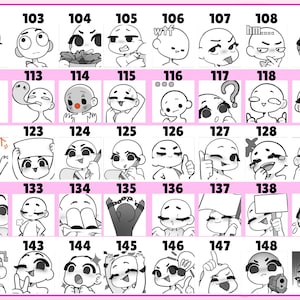 May include: A grid of fifty black and white line art character sketches, numbered 101 through 150. Each square features a unique facial expression or pose, including various emotions, gestures, and props like signs, microphones, and weapons.
