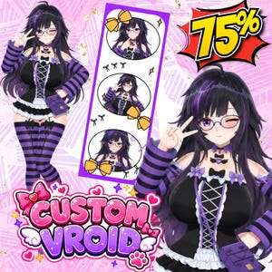 May include: A digital illustration of an anime-style character with long black hair and purple highlights, wearing a black and purple striped outfit with a lace-up bodice. The image includes the text "75%" and "CUSTOM VROID" with heart icons.