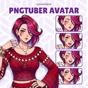 May include: A digital illustration of a PNGtuber avatar featuring a character with magenta hair, wearing a red long-sleeved top adorned with small white shell-like accents and a silver cross necklace. Four smaller panels show varied facial expressions.