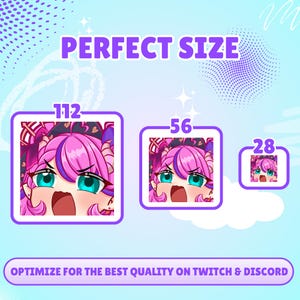 May include: A digital graphic displaying three square icons of an anime-style character with bright pink hair and teal eyes, labeled 112, 56, and 28. The text reads PERFECT SIZE and OPTIMIZE FOR THE BEST QUALITY ON TWITCH & DISCORD on a light blue background.