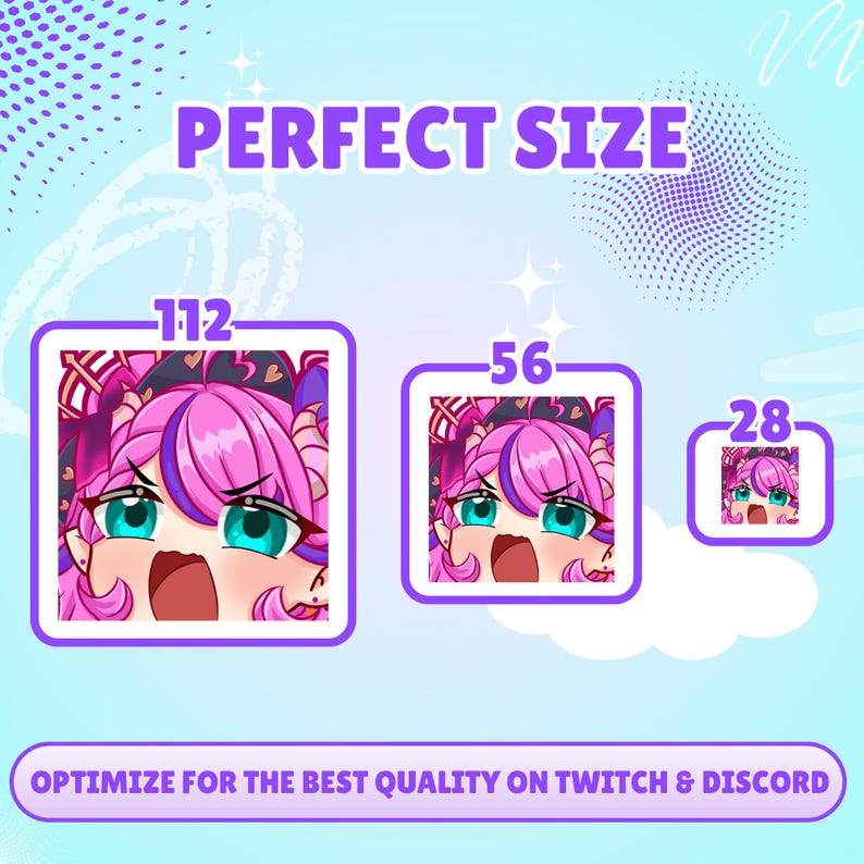 May include: A digital graphic displaying three square icons of an anime-style character with bright pink hair and teal eyes, labeled 112, 56, and 28. The text reads PERFECT SIZE and OPTIMIZE FOR THE BEST QUALITY ON TWITCH & DISCORD on a light blue background.