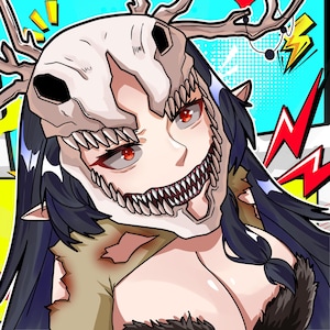 K&ouml;nnte beinhalten: Eine digitale Illustration einer Figur mit langem dunklem Haar und roten Augen, die eine wei&szlig;e Tiersch&auml;delmaske mit gro&szlig;em Geweih tr&auml;gt. Die Figur hat ein breites, zahniges Grinsen und tr&auml;gt ein zerlumptes beiges Kleidungsst&uuml;ck mit dunklem Pelzbesatz.