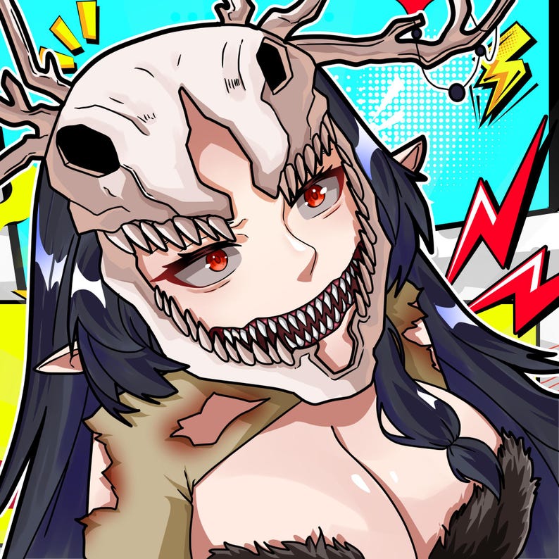 K&ouml;nnte beinhalten: Eine digitale Illustration einer Figur mit langem dunklem Haar und roten Augen, die eine wei&szlig;e Tiersch&auml;delmaske mit gro&szlig;em Geweih tr&auml;gt. Die Figur hat ein breites, zahniges Grinsen und tr&auml;gt ein zerlumptes beiges Kleidungsst&uuml;ck mit dunklem Pelzbesatz.