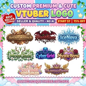 K&ouml;nnte beinhalten: Eine Werbegrafik f&uuml;r individuelle VTuber-Logos. Das Design zeigt verschiedene Logo-Beispiele mit Namen wie "AetherWrench", "Blood Rose" und "IceNova". Text beinhaltet "Custom Premium & Cute VTuber Logo" und "Custom Unique VTuber Artwork".