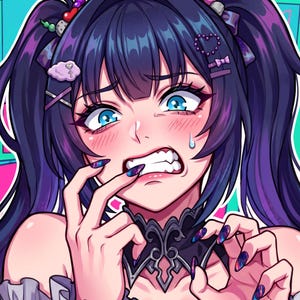 May include: An anime-style illustration of a character with long dark purple hair in twin tails, bright blue eyes, and a flushed face. The character wears a black ornate choker and has galaxy-patterned fingernails, biting their finger in distress.