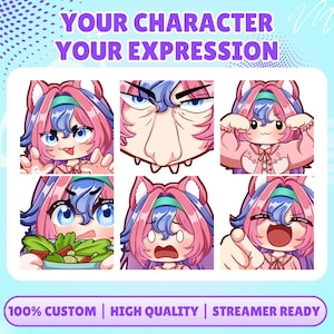 May include: A digital illustration set featuring six expressive anime-style character emotes with pink and blue hair, cat ears, and various facial expressions including excitement, anger, eating salad, shock, and pointing, with the text YOUR CHARACTER YOUR EXPRESSION.