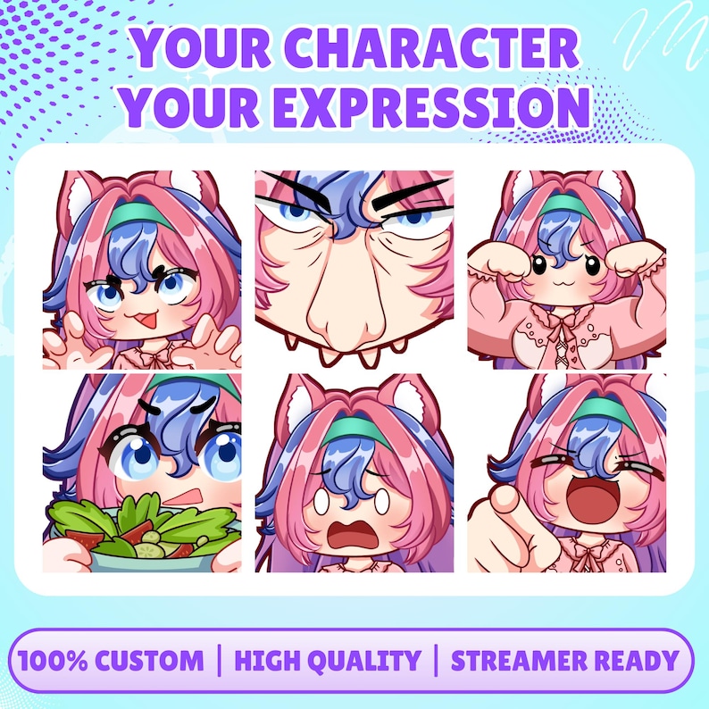 May include: A digital illustration set featuring six expressive anime-style character emotes with pink and blue hair, cat ears, and various facial expressions including excitement, anger, eating salad, shock, and pointing, with the text YOUR CHARACTER YOUR EXPRESSION.