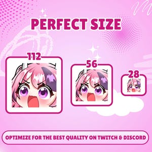 May include: A digital graphic on a pink background featuring three square icons of an anime character with pink hair and purple eyes. The icons are labeled 112, 56, and 28. Text at the top reads PERFECT SIZE and at the bottom OPTIMIZE FOR THE BEST QUALITY ON TWITCH & DISCORD.