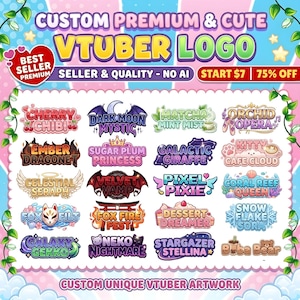 K&ouml;nnte beinhalten: Ein farbenfrohes Grafikdesign mit verschiedenen VTuber-Logo-Designs. Die Logos haben einzigartige Namen und Designs, wie "Cherry Chibi" und "Dark Moon Mystic". Der Text lautet "Custom Premium & Cute VTuber Logo" und "Custom Unique VTuber Artwork".