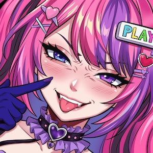 May include: An anime-style illustration of a character with vibrant pink and purple hair, wearing a black choker with a purple heart pendant. The character has purple eyes, a playful expression with a tongue out, and a hair clip labeled PLAY.
