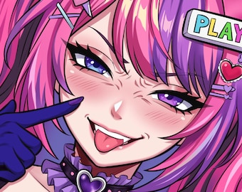 May include: An anime-style illustration of a character with vibrant pink and purple hair, wearing a black choker with a purple heart pendant. The character has purple eyes, a playful expression with a tongue out, and a hair clip labeled PLAY.