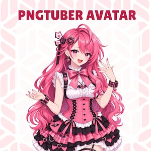 May include: A digital illustration of a PNGtuber avatar featuring a character with long pink hair, wearing a pink and black corset-style outfit with heart accents, a bow, and ruffled details. The text PNGTUBER AVATAR is displayed at the top.