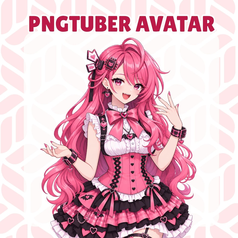 May include: A digital illustration of a PNGtuber avatar featuring a character with long pink hair, wearing a pink and black corset-style outfit with heart accents, a bow, and ruffled details. The text PNGTUBER AVATAR is displayed at the top.