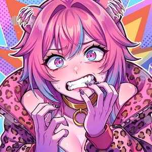 K&ouml;nnte beinhalten: Eine digitale Illustration einer Figur mit leuchtend rosa Haaren, blauen Highlights und Katzenohren. Die Figur tr&auml;gt eine Jacke mit Leopardenmuster und ein goldenes Halsband mit Ring. Der Gesichtsausdruck ist &auml;ngstlich, mit weit aufgerissenen Augen.