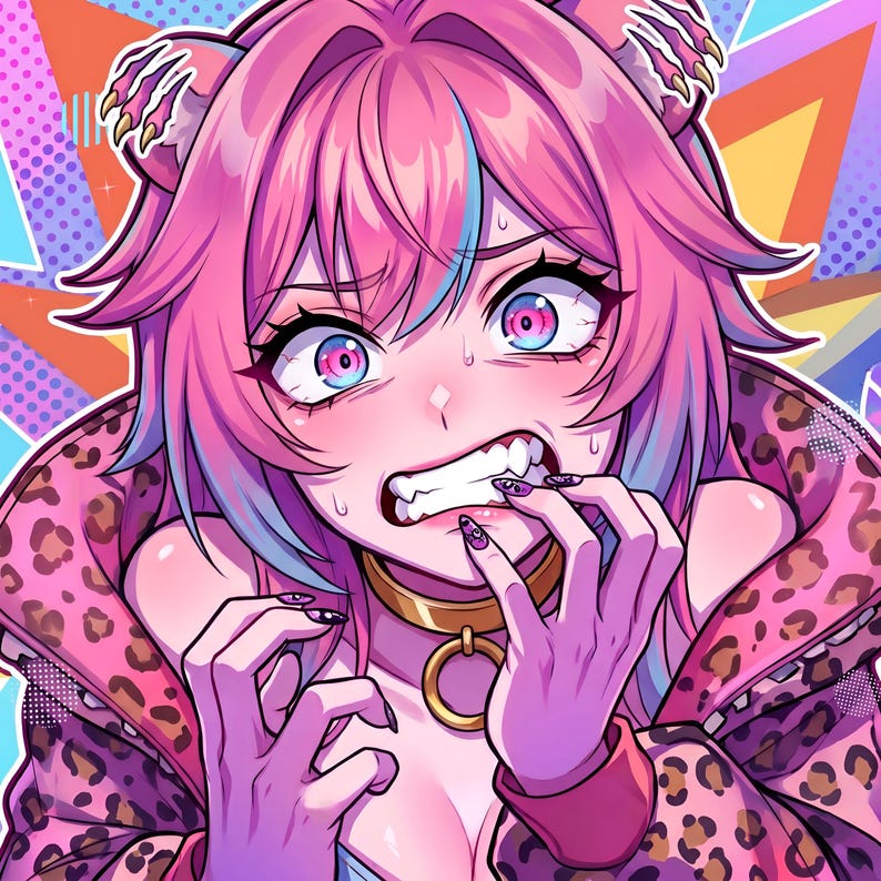 K&ouml;nnte beinhalten: Eine digitale Illustration einer Figur mit leuchtend rosa Haaren, blauen Highlights und Katzenohren. Die Figur tr&auml;gt eine Jacke mit Leopardenmuster und ein goldenes Halsband mit Ring. Der Gesichtsausdruck ist &auml;ngstlich, mit weit aufgerissenen Augen.