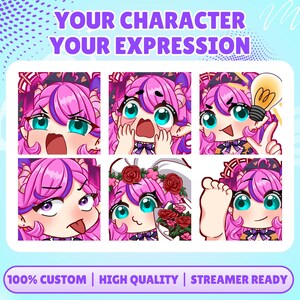 May include: A digital illustration sheet featuring six distinct expressions of a pink-haired anime character with teal eyes. The text reads YOUR CHARACTER YOUR EXPRESSION at the top and 100% CUSTOM | HIGH QUALITY | STREAMER READY at the bottom.