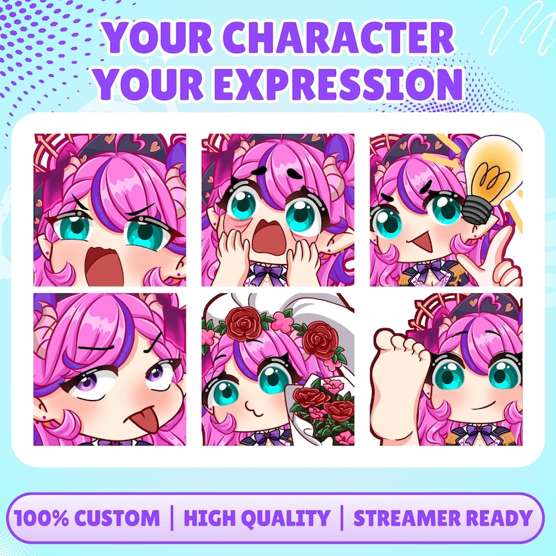 May include: A digital illustration sheet featuring six distinct expressions of a pink-haired anime character with teal eyes. The text reads YOUR CHARACTER YOUR EXPRESSION at the top and 100% CUSTOM | HIGH QUALITY | STREAMER READY at the bottom.