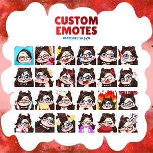 May include: A set of custom emotes depicting a cartoon character with glasses, showcasing diverse expressions. The emotes convey different emotions and actions, with the text "CUSTOM EMOTES" displayed prominently.