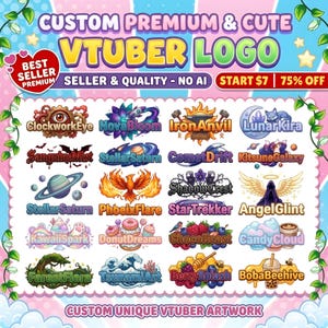K&ouml;nnte beinhalten: Bunte Grafik mit verschiedenen VTuber-Logo-Designs. Die Logos zeigen Illustrationen eines Uhrwerkauges, eines Ph&ouml;nix und eines Planeten mit Ringen. Der Text enth&auml;lt "CUSTOM PREMIUM & CUTE VTUBER LOGO" und "SELLER & QUALITY - NO AI".