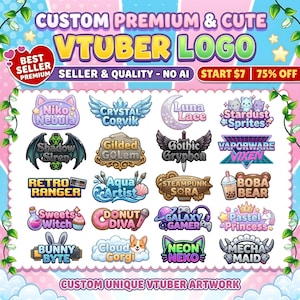 K&ouml;nnte beinhalten: Werbebild f&uuml;r individuelle VTuber-Logos mit verschiedenen Designs. Die Logos zeigen unter anderem eine Katze, Engelsfl&uuml;gel, einen Mond und einen B&auml;ren mit Boba. Der Text lautet "Custom Premium & Cute VTuber Logo" und "Seller & Quality - No AI."