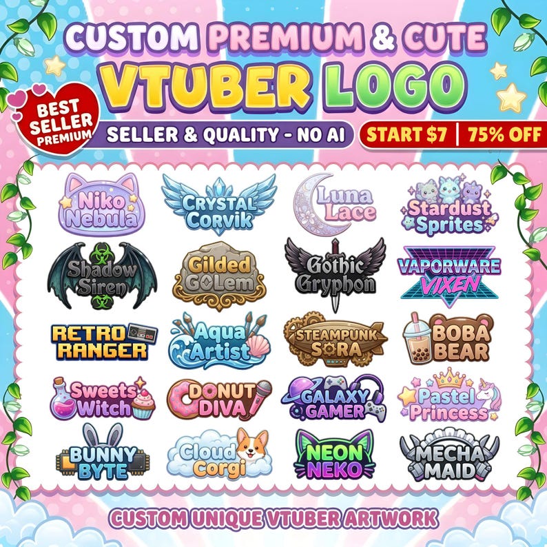 K&ouml;nnte beinhalten: Werbebild f&uuml;r individuelle VTuber-Logos mit verschiedenen Designs. Die Logos zeigen unter anderem eine Katze, Engelsfl&uuml;gel, einen Mond und einen B&auml;ren mit Boba. Der Text lautet "Custom Premium & Cute VTuber Logo" und "Seller & Quality - No AI."