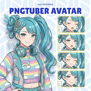 May include: A digital PNGtuber avatar character with teal hair styled in twin tails, wearing a rainbow-striped sweater with cloud patterns, a teal jacket, and headphones. The image includes the text KAZUMIEMIKA PNGTUBER AVATAR and four smaller facial expressions.