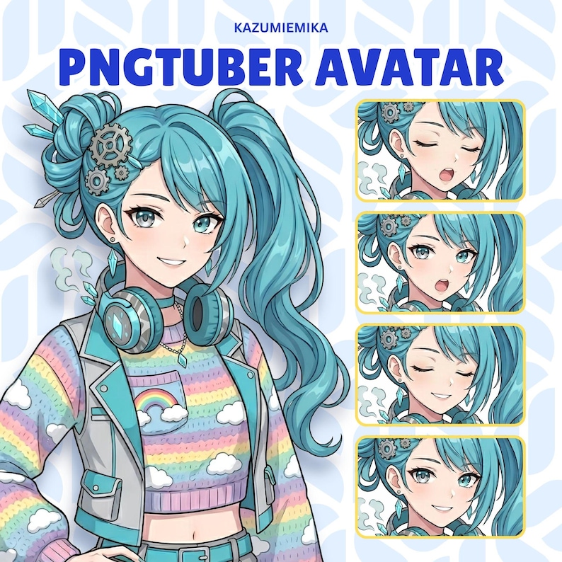 May include: A digital PNGtuber avatar character with teal hair styled in twin tails, wearing a rainbow-striped sweater with cloud patterns, a teal jacket, and headphones. The image includes the text KAZUMIEMIKA PNGTUBER AVATAR and four smaller facial expressions.