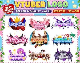 Pode incluir: Imagem promocional para logotipos VTuber personalizados. O design apresenta vários exemplos de logotipos com ilustrações e texto coloridos, incluindo "Foxy Chu", "Its Kade" e "Summer". A imagem também inclui o texto "Custom Premium & Cute VTuber Logo" e "Custom Unique VTuber Artwork."